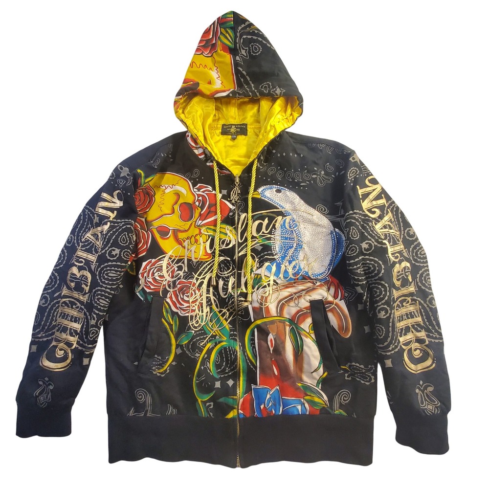 Christian Audigier Mens XXL Black Rhinestone Skull Graphic Full Zip Hoodie Y2K